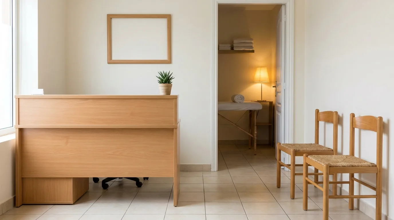 international city massage centre reception with simple wooden desk plant and waiting chairs