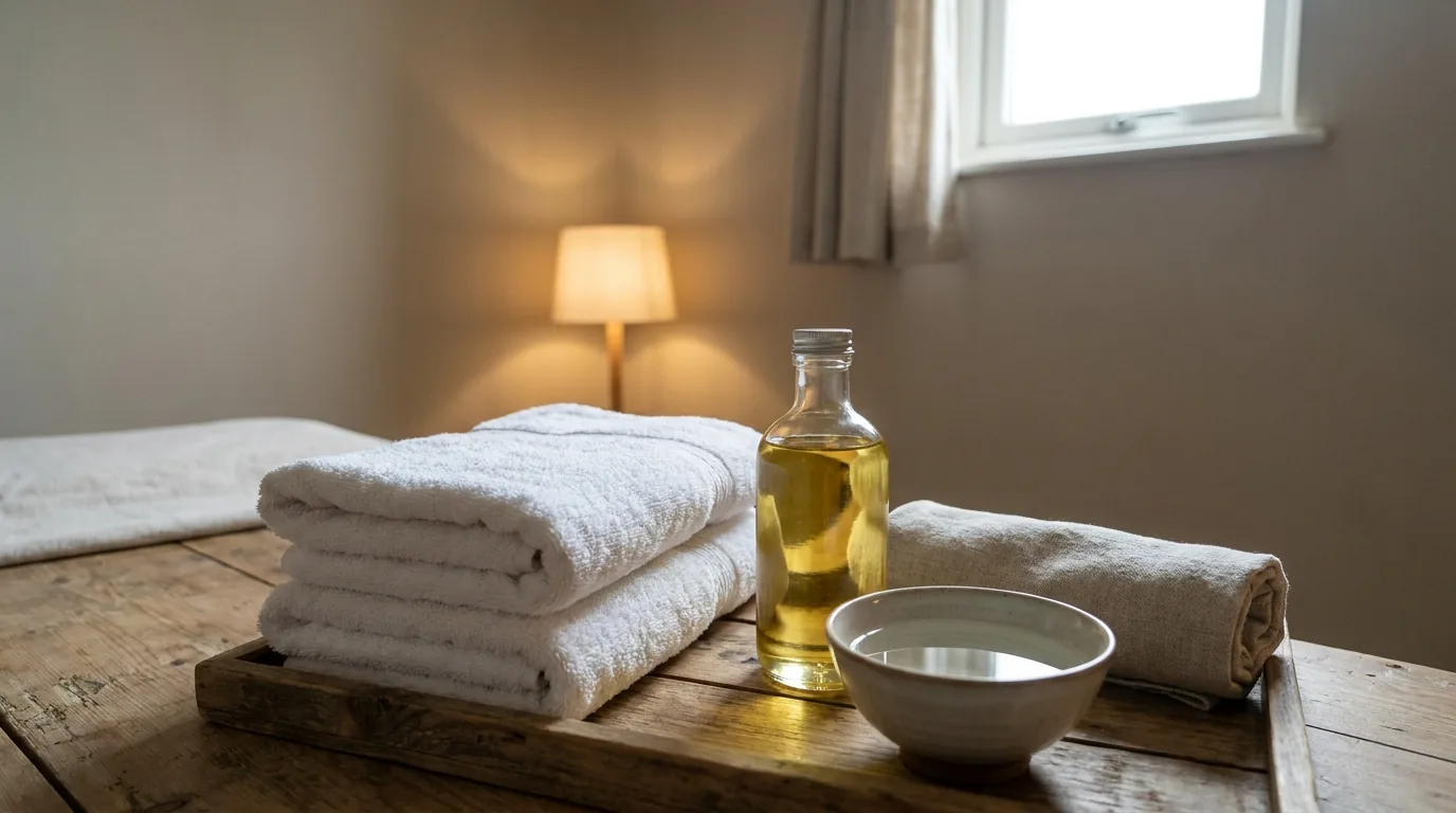full body massage oil bottle warm water bowl and folded towels on a tray in an international city treatment room