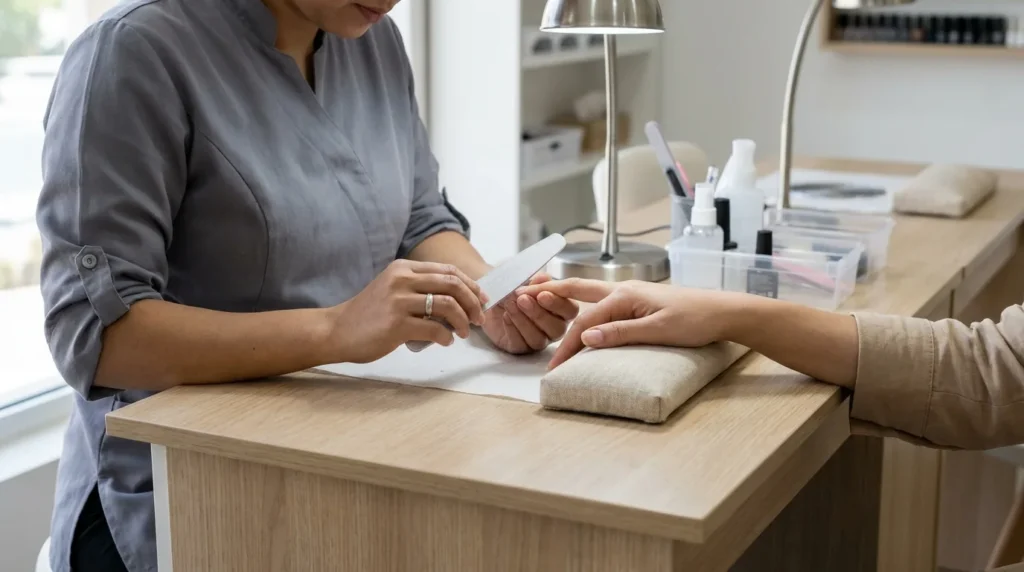 is acrylic nails bad for you: nail technician filing a client acrylic set at a mid-range dubai nail salon
