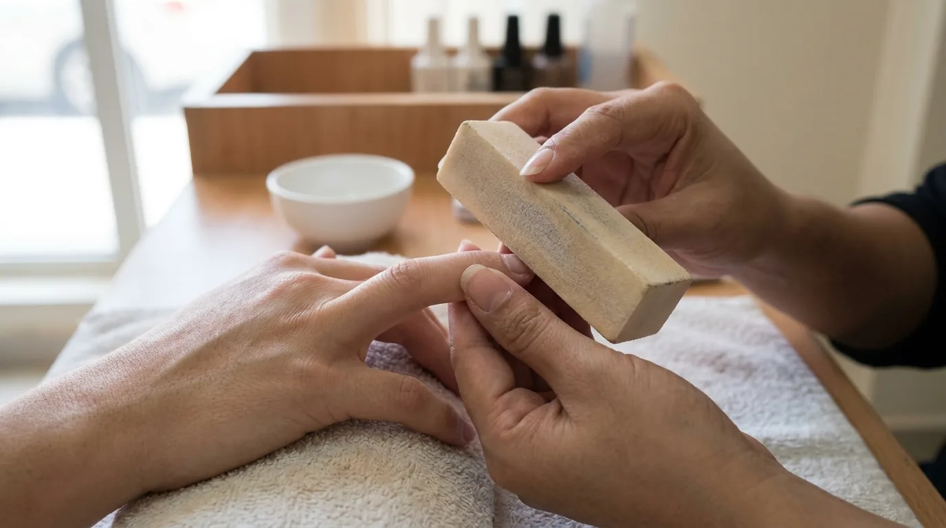 acrylic nail application at a dubai nail salon with technician lightly buffing the natural nail plate