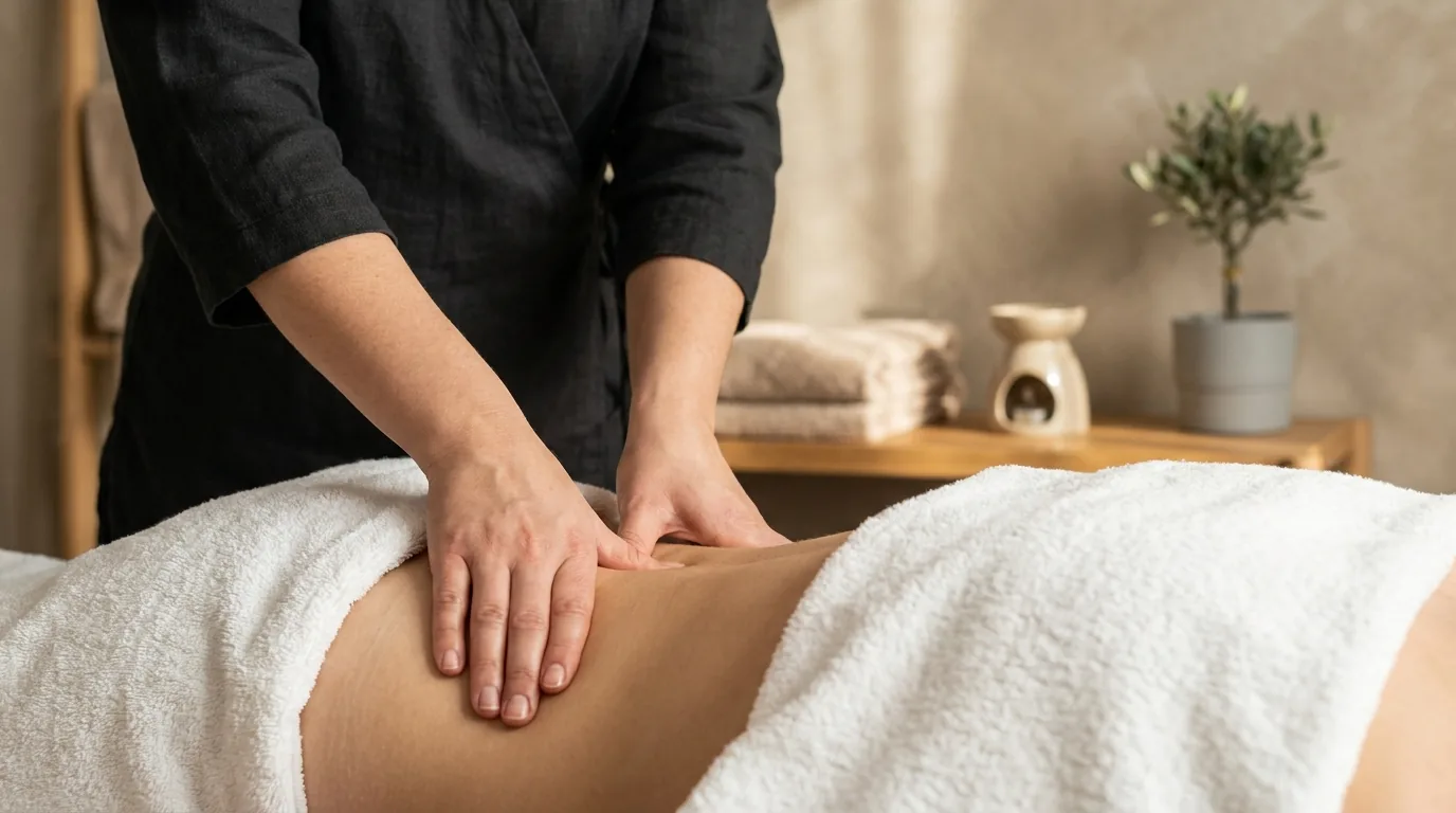 deep tissue massage therapist applying firm pressure to a client upper back in a calm dubai treatment room