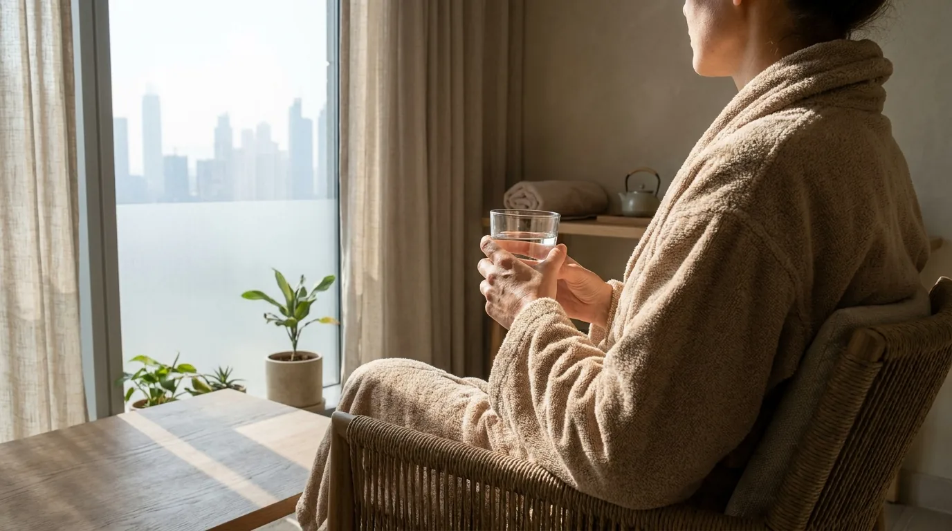 client resting and drinking water after a deep tissue massage in a dubai spa relaxation lounge