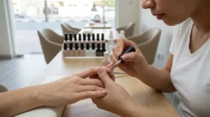 is gel manicure safe: a nail technician paints gel polish at a Dubai nail salon