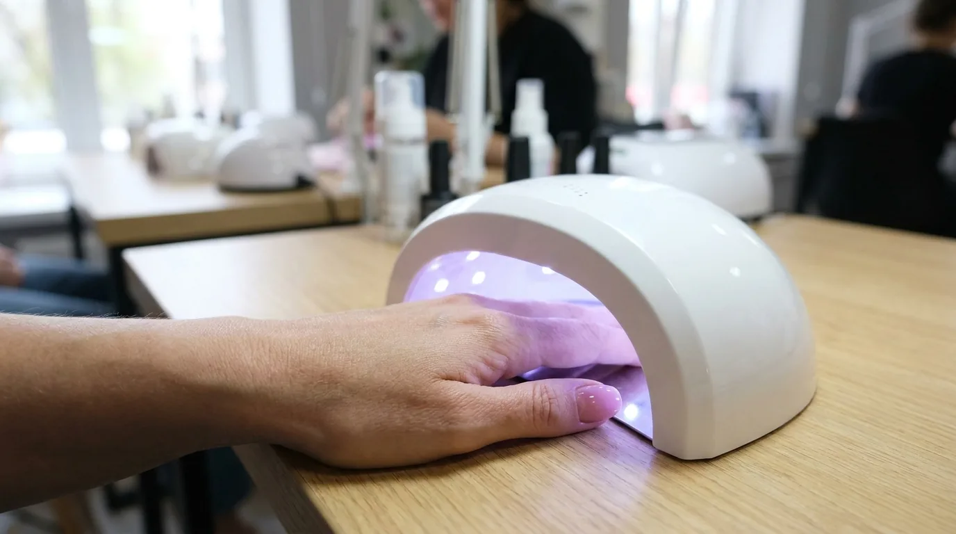 is gel manicure safe inline 1 is gel manicure safe: client's hand under a UV LED curing lamp at a Dubai nail salon