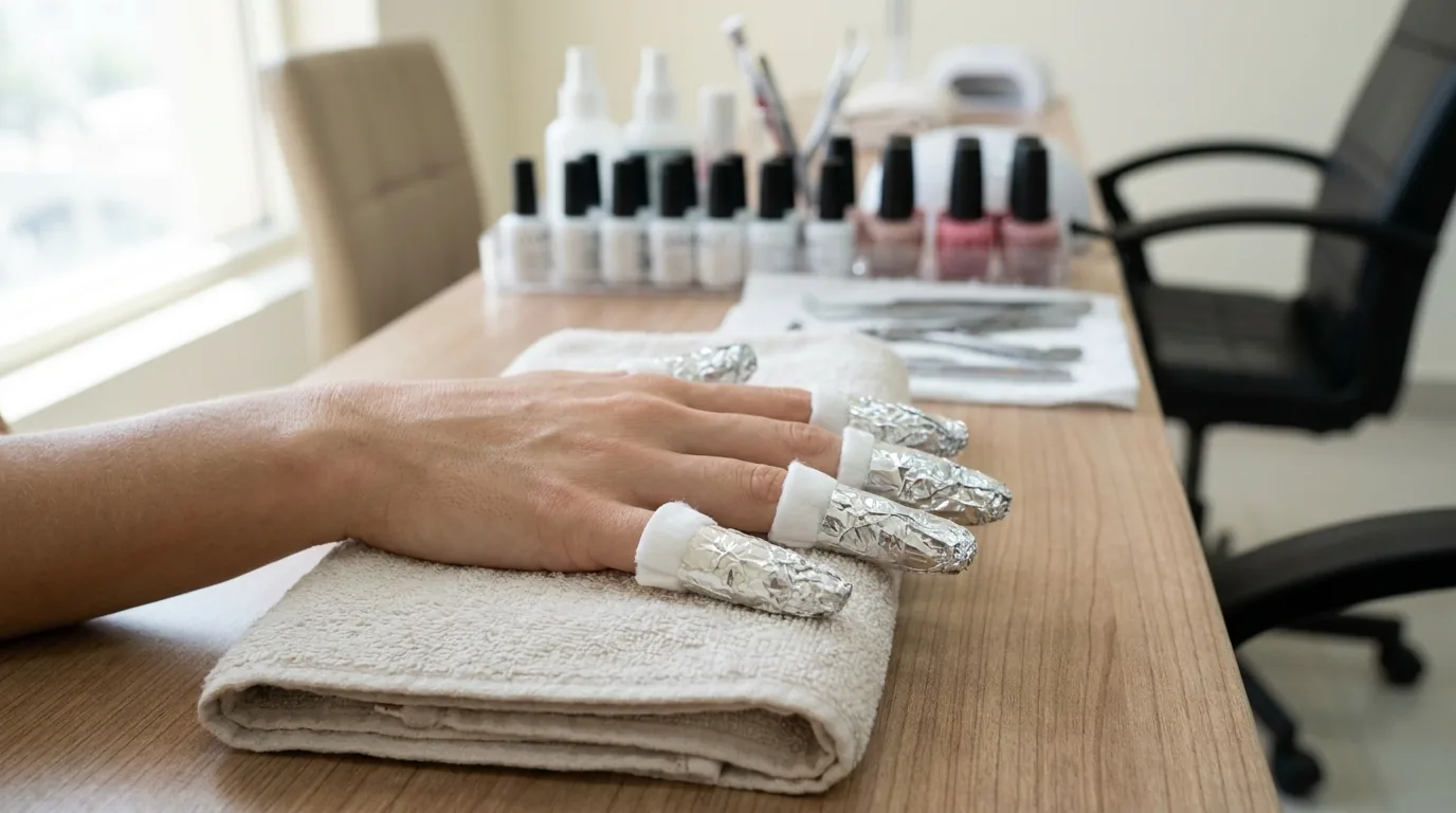 is gel manicure safe inline 2 nail technician at a Dubai salon soaking a client's fingertips in acetone to remove gel polish safely