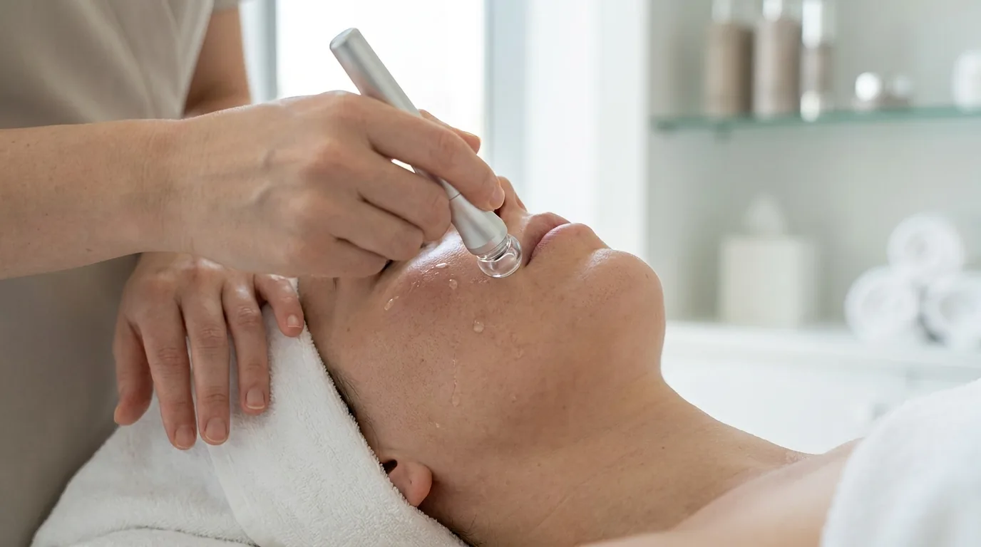 pregnancy-safe hydrafacial in progress with gentle suction wand on a reclined client