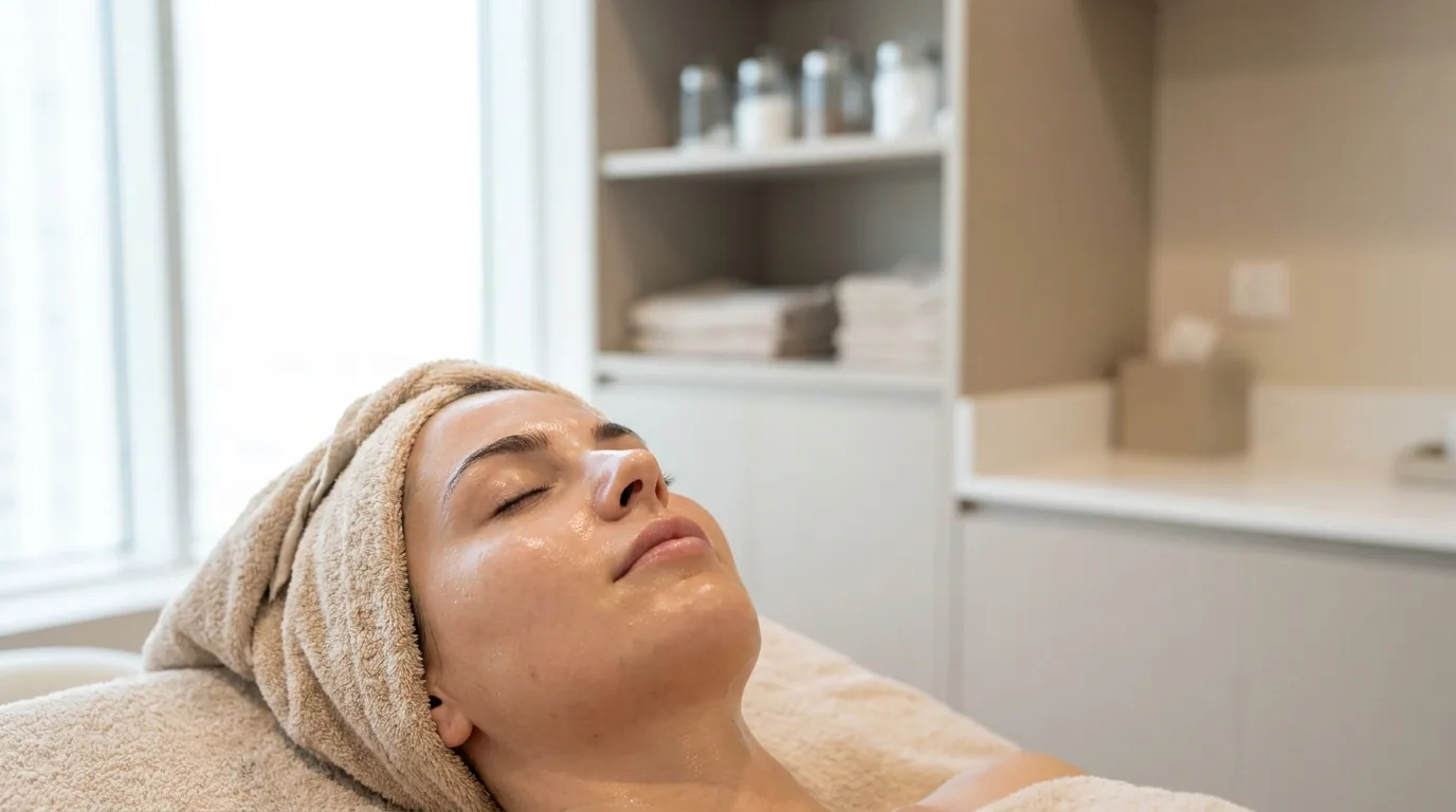 calm hydrated skin after a gentle facial, soft natural light