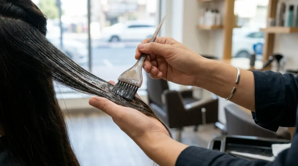 is keratin treatment good for hair: stylist applying a keratin smoothing solution to long hair with a tint brush at a mid-range Dubai salon