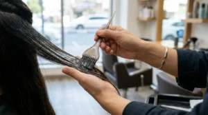 is keratin treatment good for hair: stylist applying a keratin smoothing solution to long hair with a tint brush at a mid-range Dubai salon