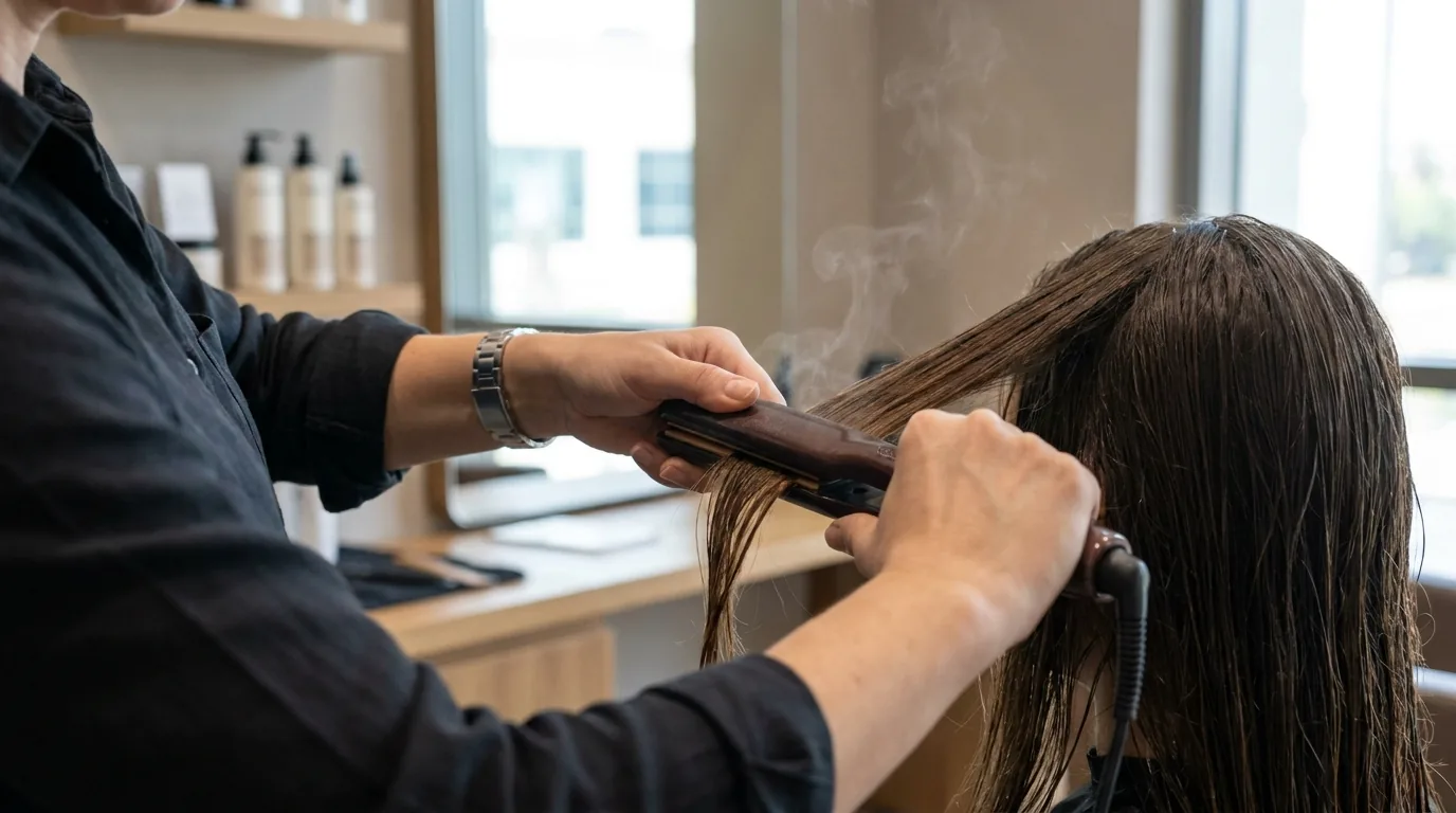 keratin treatment good for hair: stylist sealing a protein solution into long hair with a flat iron at a mid-range Dubai salon
