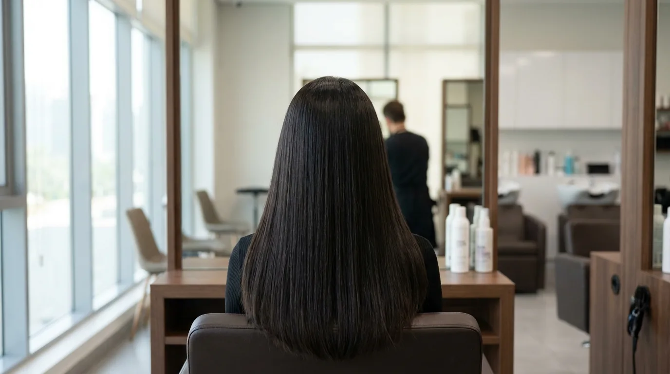 smooth frizz-free hair result after a keratin treatment shown from behind in a salon mirror