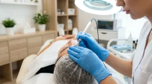 is microblading safe shown by a gloved dubai brow artist using a microblading tool in a clean studio