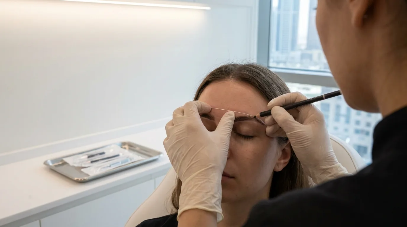 is microblading safe shown by a licensed dubai artist mapping brow shape with sterile single-use tools