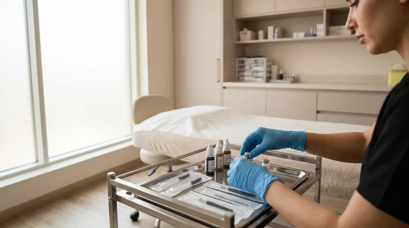 clean dubai permanent makeup studio where a brow artist reviews pigment before a microblading session
