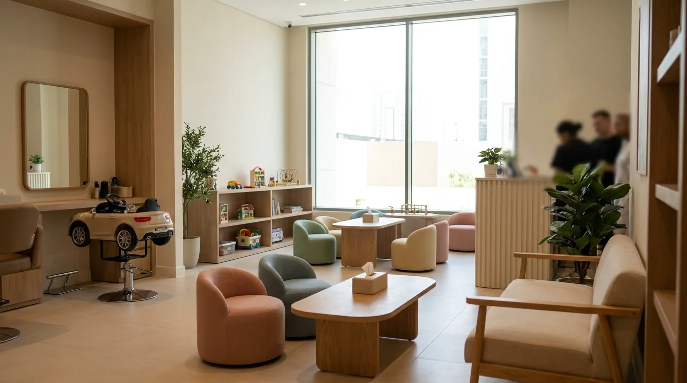 bright kids hair salon in dubai with play area, toy car chair and pastel seating