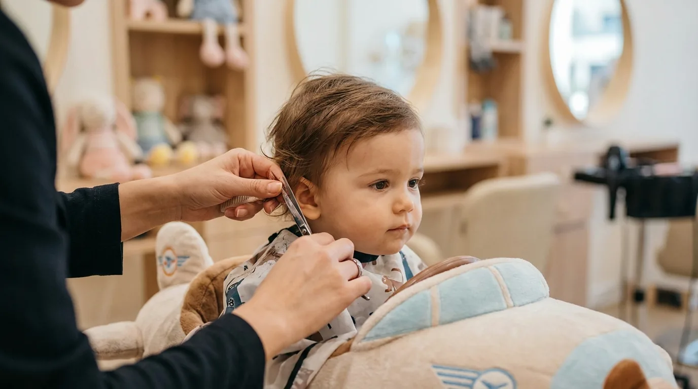 toddler first haircut in a dubai kids salon with a stylist trimming gently in a themed chair