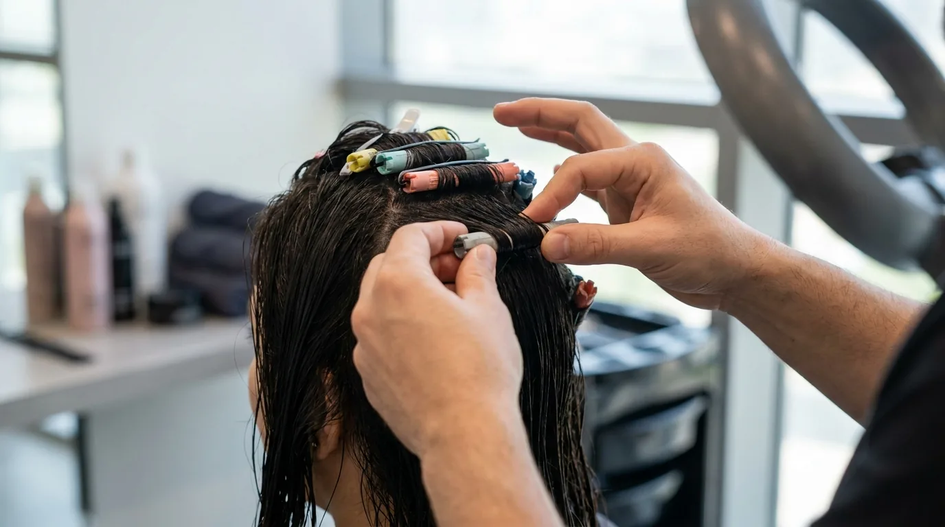 korean perm in progress with perm rods wound onto wet hair at a dubai salon
