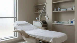 laser hair removal dubai treatment room: a licensed clinic bay with a laser device on an adjustable arm beside a prepared treatment bed