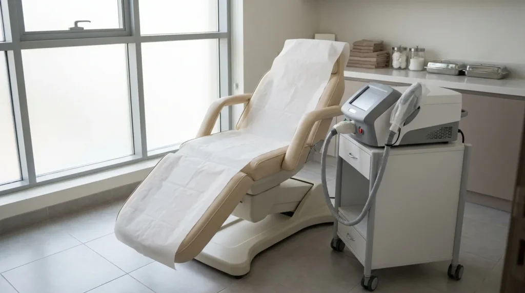 laser hair removal dubai inline 1 tidy licensed aesthetic clinic room in dubai prepared for a laser hair removal session with a laser unit on a wheeled stand