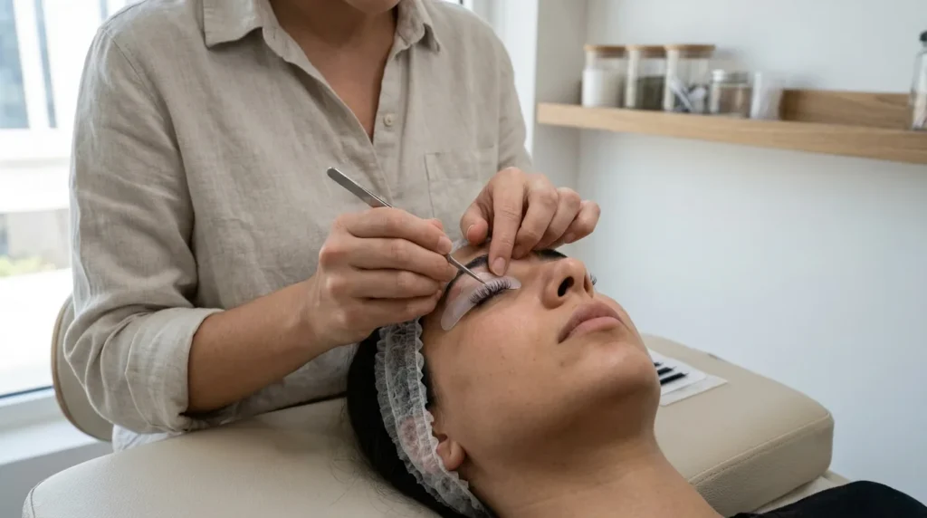 lash lift dubai treatment: technician lifting natural lashes on a silicone shield in a tidy brow and lash studio