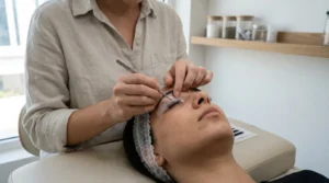 lash lift dubai treatment: technician lifting natural lashes on a silicone shield in a tidy brow and lash studio