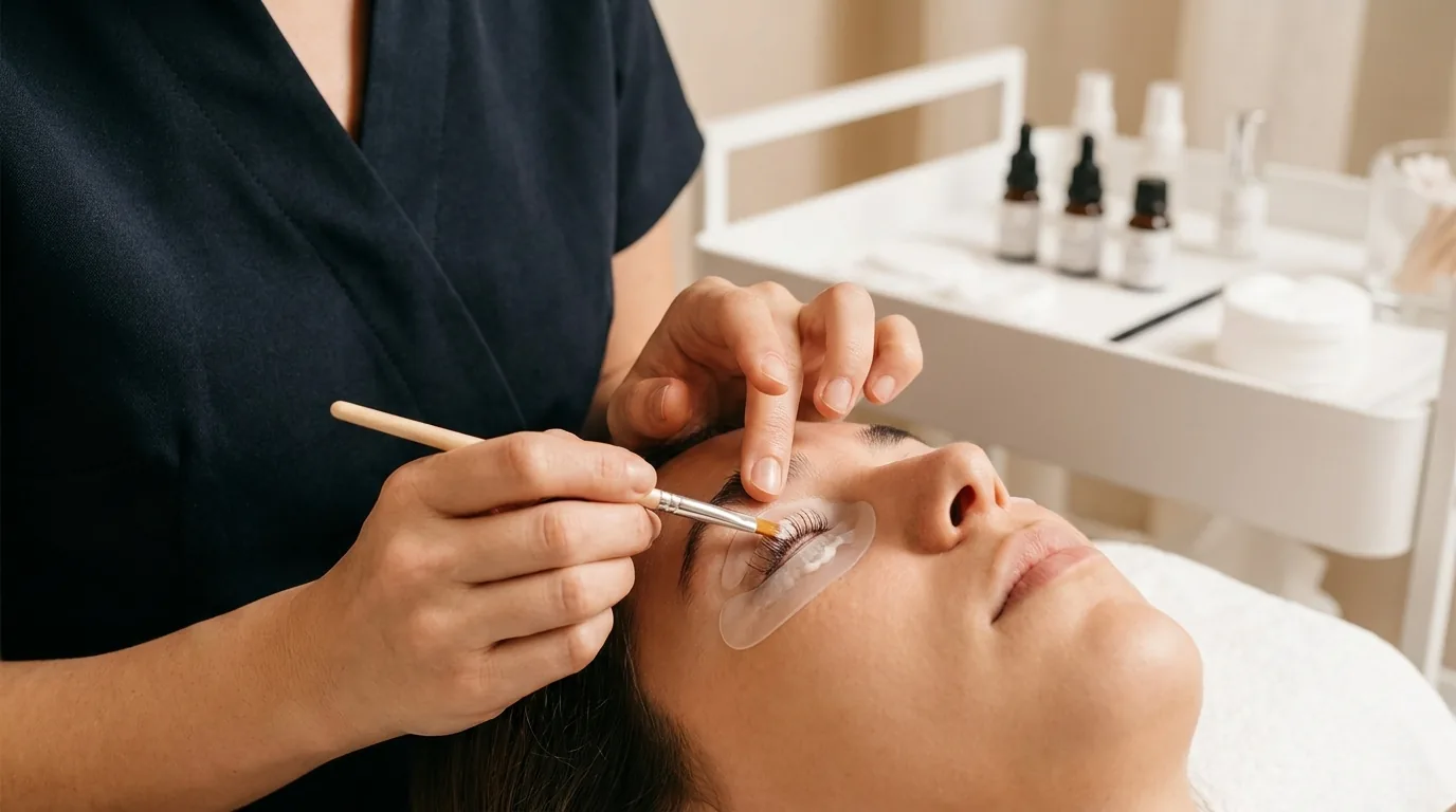 lash lift dubai inline 1 lash lift dubai treatment with technician applying lifting serum on silicone shield in a tidy brow and lash studio