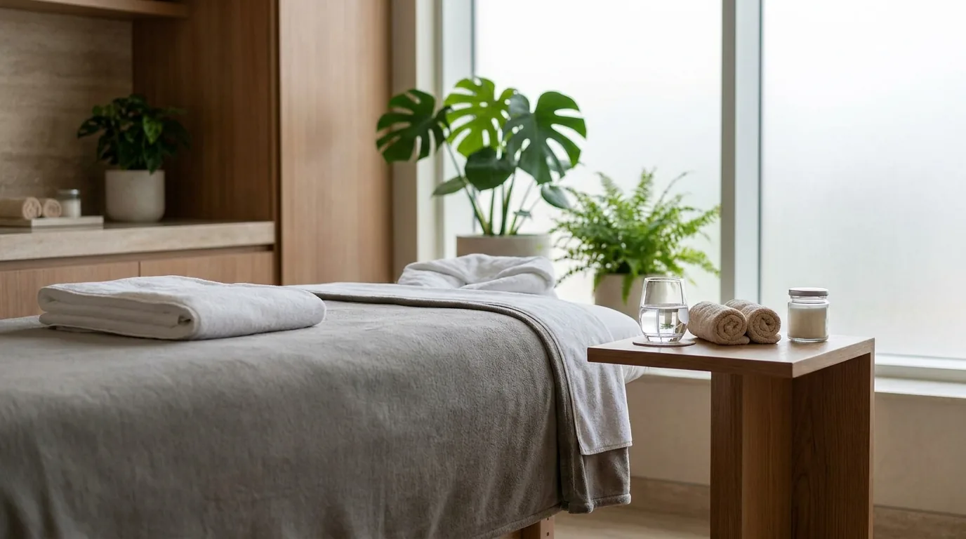 lymphatic massage dubai inline 2 calm spa treatment room in dubai prepared for a lymphatic massage with folded towels and a glass of water