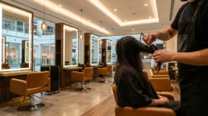 mall of emirates salon: stylist blow-drying a client at an upscale first-floor hair and beauty lounge inside the mall