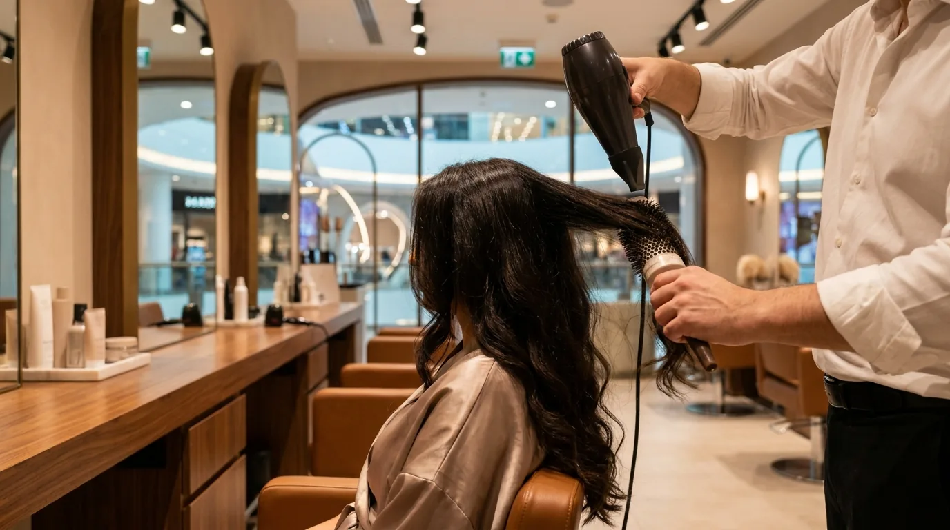 mall of emirates salon inline 1 mall of emirates salon hair styling station with stylist blow-drying a client at a polished first-floor lounge