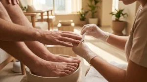 manicure and pedicure for men: gloved technician filing a male client hand while his foot soaks in a Dubai nail salon