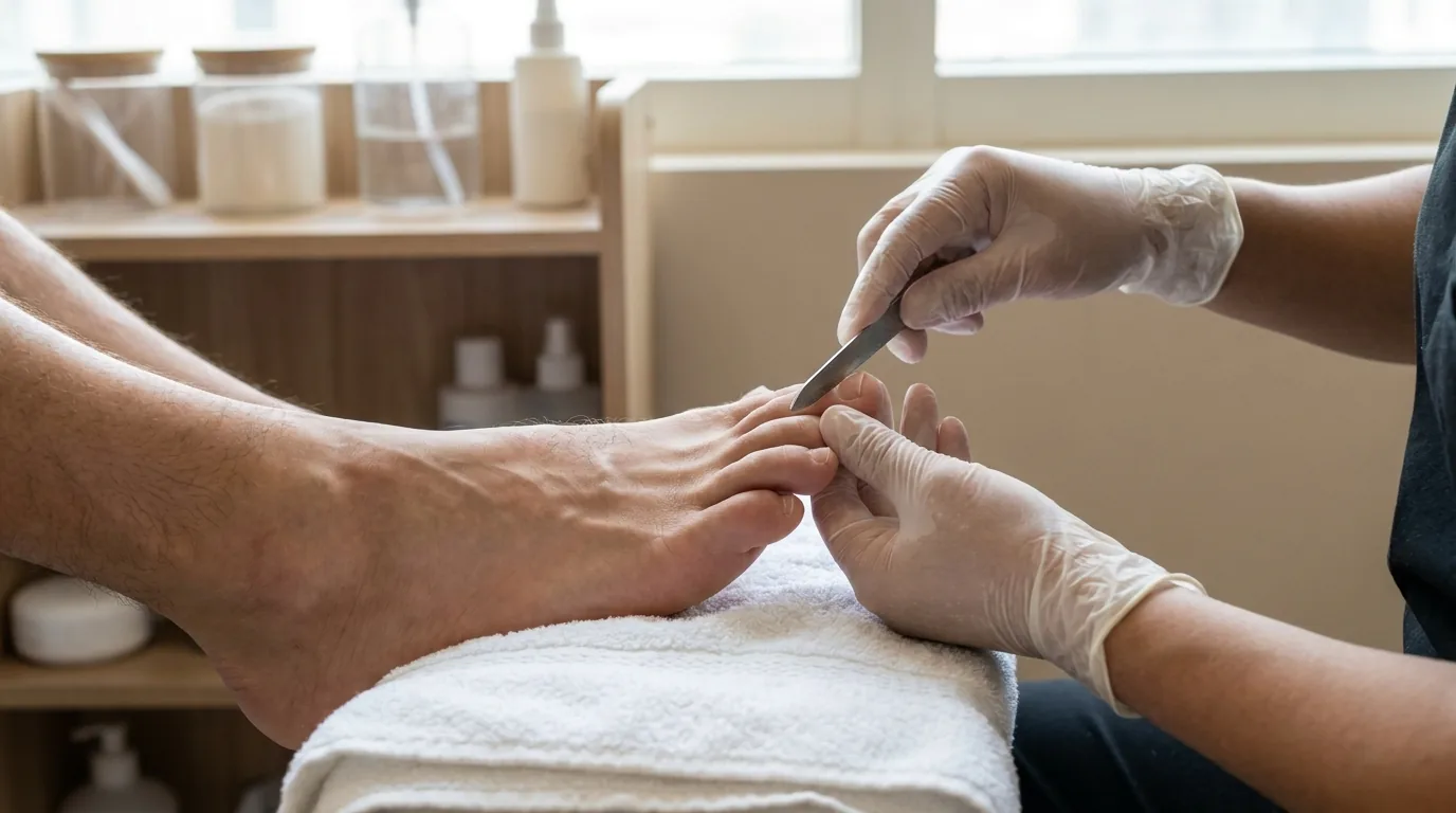 manicure and pedicure for men: technician shaping a male client toenail during a pedicure in a Dubai nail salon