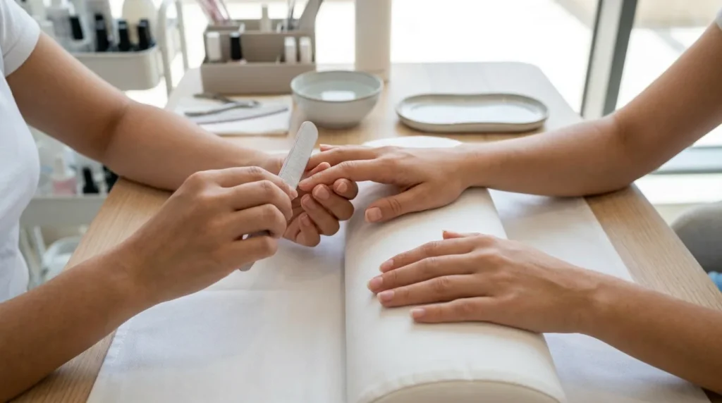 manicure deals dubai: a nail technician giving a client a manicure at a mid-range Dubai nail salon