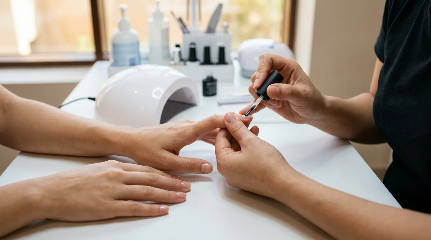 manicure deals dubai inline 1 manicure deals dubai: a nail technician applying gel polish at a mid-range Dubai salon station