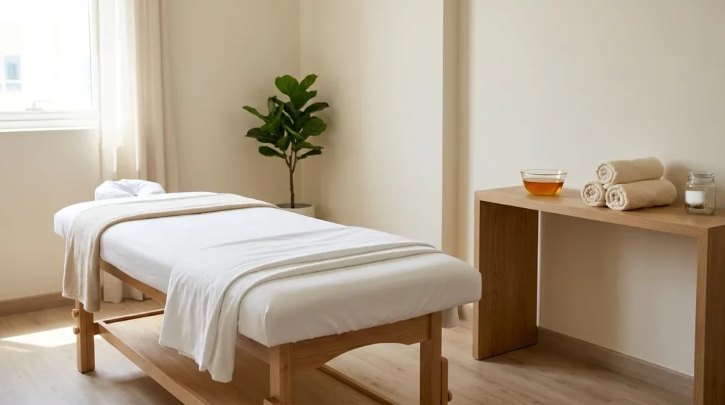 massage al barsha inline 1 bright residential massage room at an al barsha center with a simple treatment table and a folded white towel