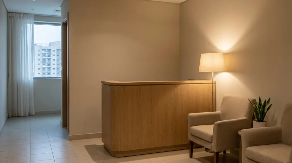 massage al barsha inline 2 modern mid-range spa reception in al barsha with neutral palette and a residential tower window