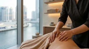 massage business bay treatment room with therapist hands on a towel-draped back and canal skyline through the window