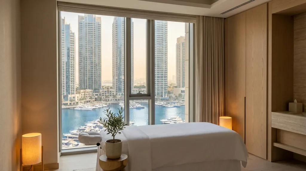 massage dubai marina session: hotel spa treatment room with floor to ceiling window showing marina skyline