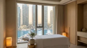 massage dubai marina session: hotel spa treatment room with floor to ceiling window showing marina skyline
