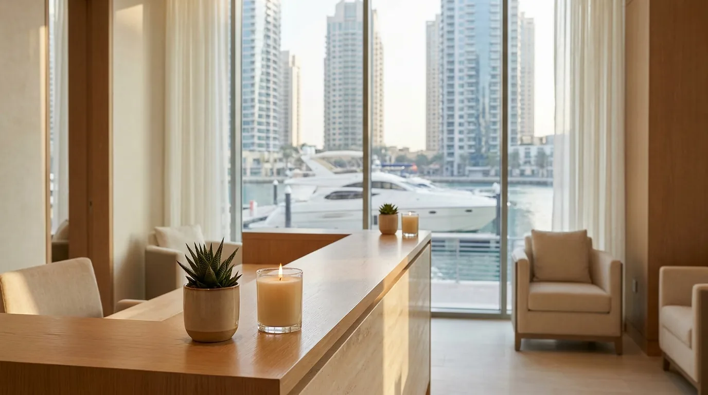 massage dubai marina inline 1 dubai marina spa reception with marina and yacht view through a floor to ceiling window
