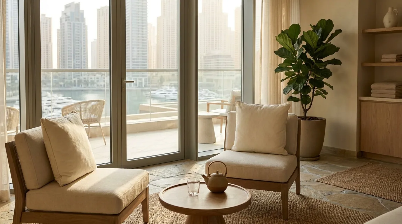 massage dubai marina inline 2 post treatment lounge in a dubai marina hotel spa with terrace facing the marina and skyline
