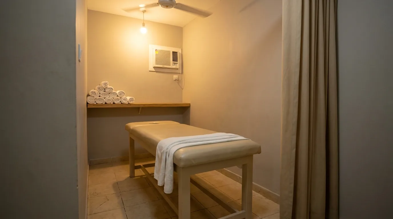 Massage in Dubai 50 AED: modest walk-in parlor treatment room with basic massage table rolled towels plain wall and ceiling fan in older Deira neighborhood