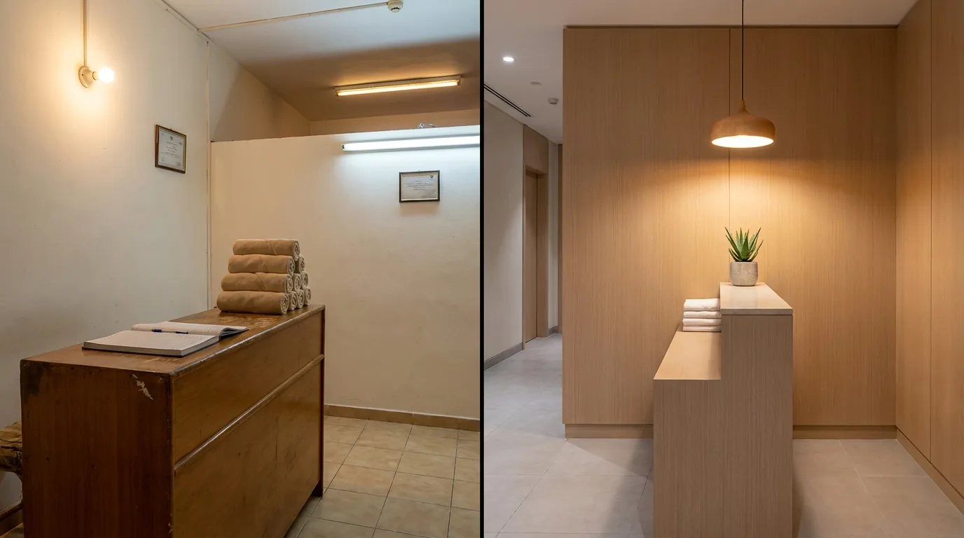 Massage in Dubai 50 AED: comparison of an older district walk-in parlor reception with simple shelving and a polished mid-tier neighborhood spa lobby in a residential area