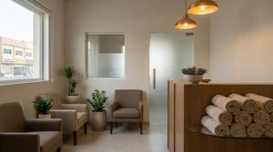 Massage in Dubai: mid-tier neighborhood spa reception with rolled towels lavender bowl beige armchairs and frosted glass treatment door