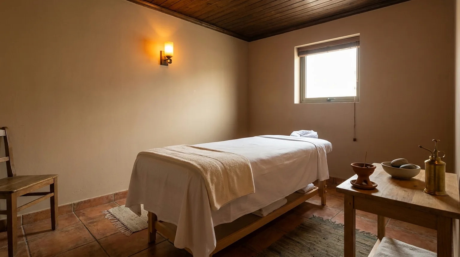 massage in dubai inline 1 Massage in Dubai: dimmed mid-tier neighborhood spa treatment room amber light wooden ceiling rolled white linens incense and ceramic bowl