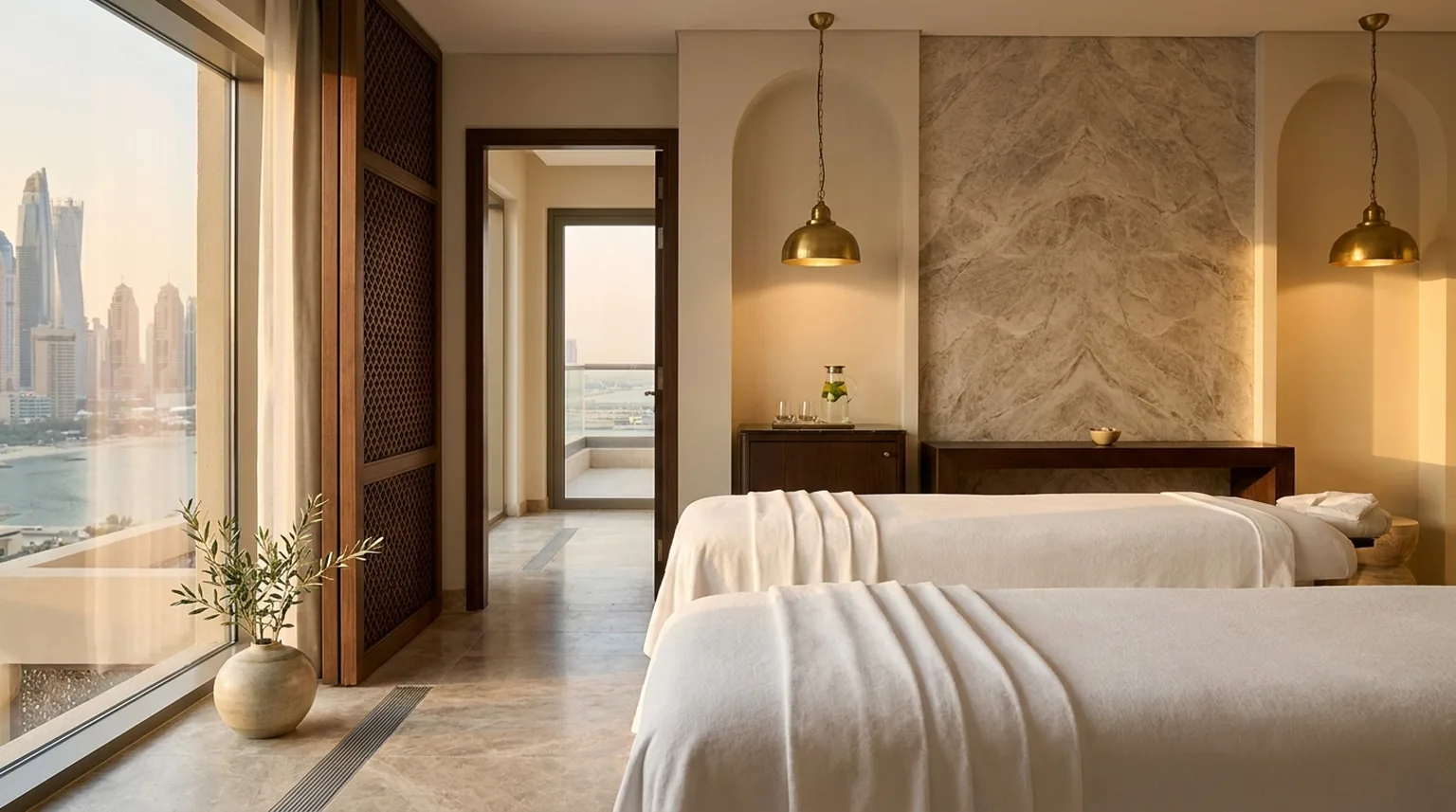 massage in dubai inline 2 Massage in Dubai: premium hotel spa treatment room marble accents brass fittings warm pendant light folded white linen on heated bed and infused water carafe