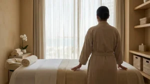 massage in jumeirah: licensed therapist preparing a fresh-linen table in a calm sea-view treatment room