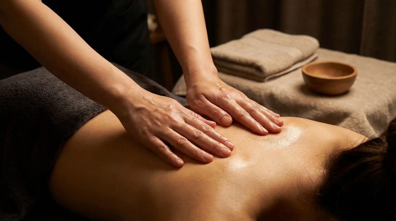 therapist hands working a deep tissue massage sequence during a jumeirah session