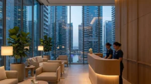 massage jlt session: calm modern tower-spa reception with floor-to-ceiling windows over the jumeirah lake towers cluster at dusk