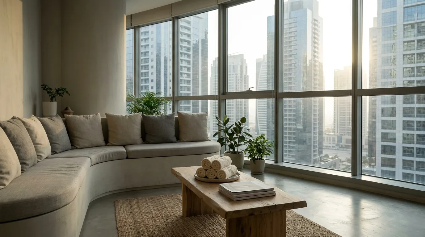 massage jlt inline 1 calm spa waiting lounge with rolled towels and tower views at a jlt massage center in dubai