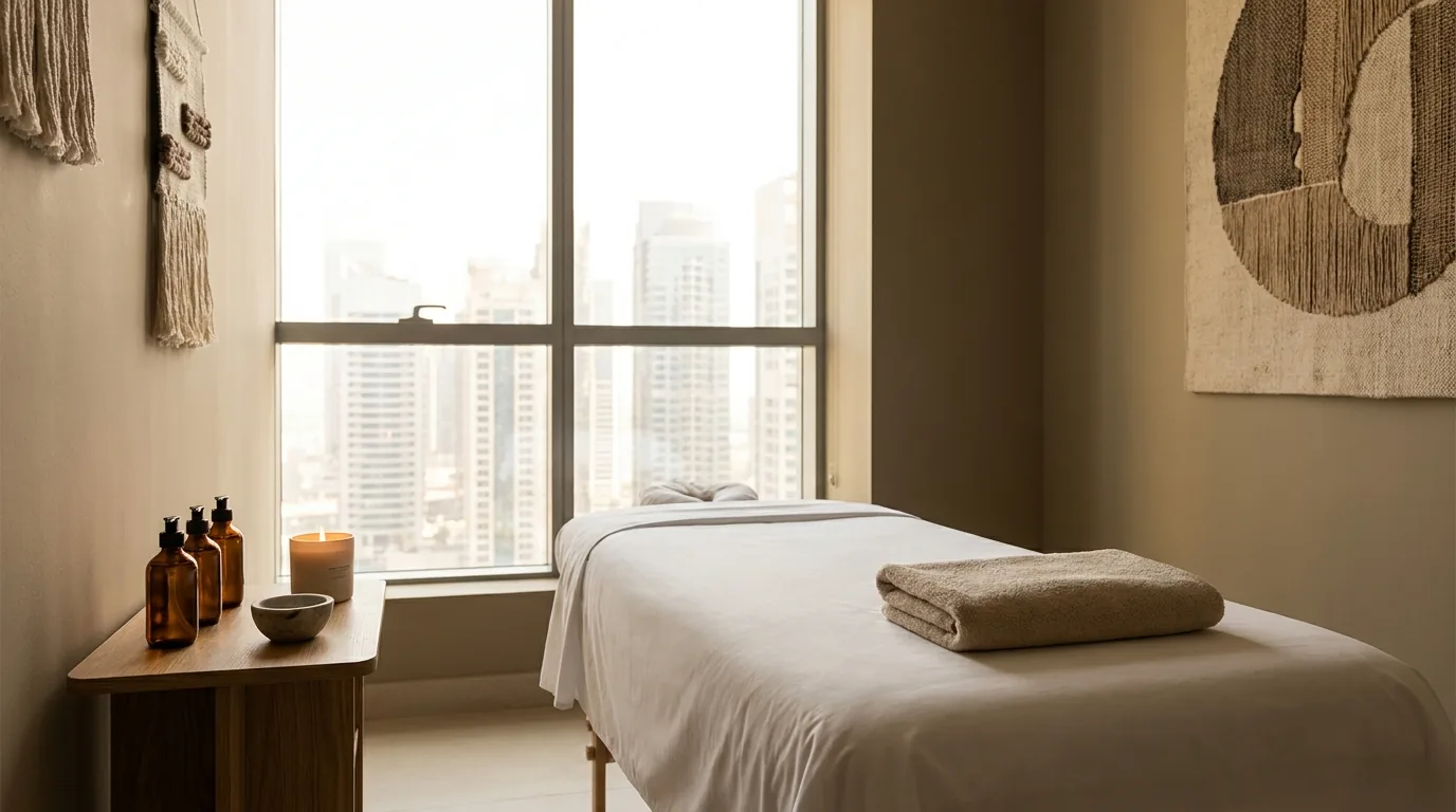 massage jlt inline 2 clean treatment room set for a foot massage jlt and full-body session with fresh linens and oils in a dubai tower spa